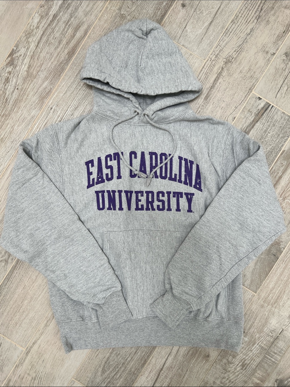 Reverse Gray Crewneck Hoodie with Purple East Carolina University Script